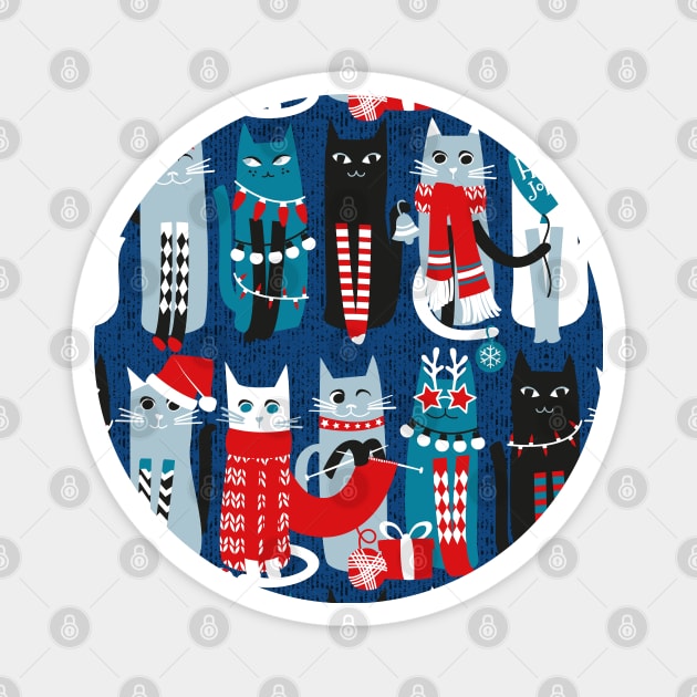 Feline Christmas vibes // pattern // blue background blue white and black kittens Magnet by SelmaCardoso